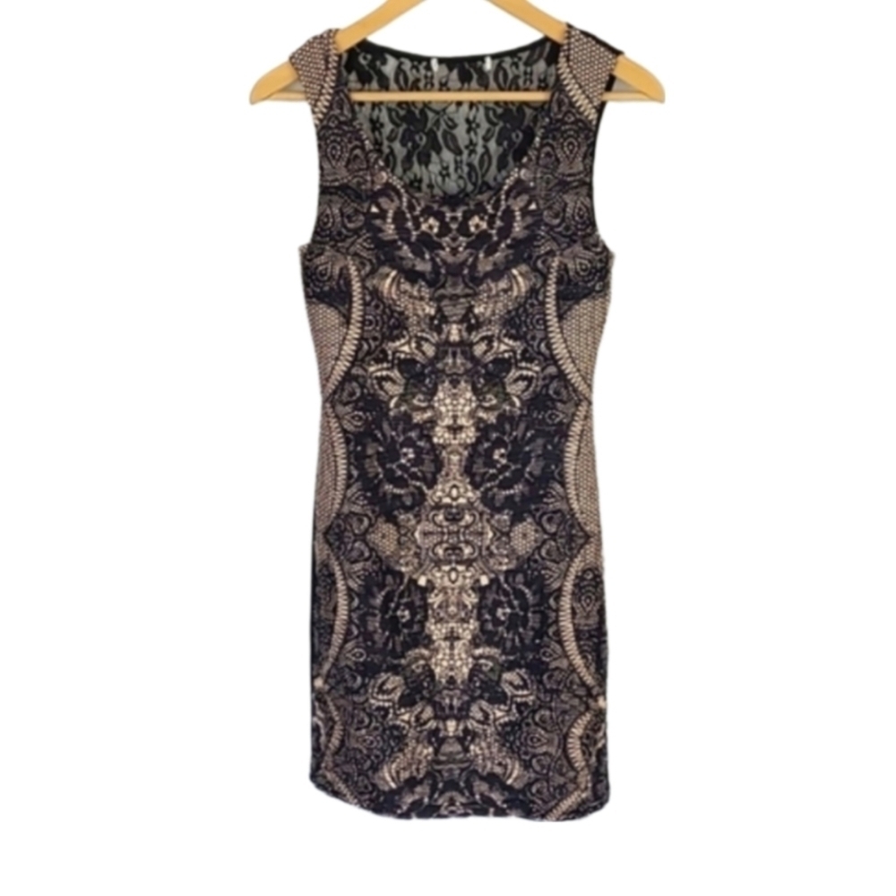 Vintage Lace Back Bodycon Dress - Black, Tan